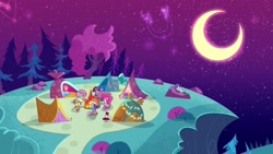 Size: 1920x1080 | Tagged: safe, screencap, applejack, fluttershy, pinkie pie, rainbow dash, rarity, twilight sparkle, alicorn, earth pony, pegasus, pony, unicorn, a camping we will go, g4, g4.5, my little pony: pony life, campfire, constellation, crescent moon, female, horn, mane six, moon, outdoors, tent, twilight sparkle (alicorn)