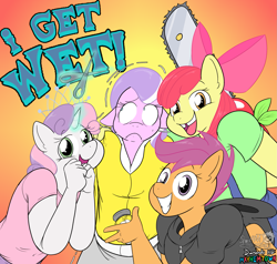 Size: 1999x1907 | Tagged: safe, artist:sheriffmj1, apple bloom, diamond tiara, scootaloo, sweetie belle, anthro, g4, andrew w.k., chainsaw, clothes, cutie mark crusaders, diamonds hd, female, gap teeth, glowing, glowing horn, gradient background, grin, hoodie, horn, scissors, smiling, this will end in death, this will end in tears, this will end in tears and/or death, worried