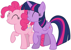 Size: 3054x2160 | Tagged: safe, artist:zslnews, pinkie pie, twilight sparkle, alicorn, earth pony, pony, g4, ^^, duo, duo female, eyes closed, female, mare, raised hoof, simple background, smiling, transparent background, twilight sparkle (alicorn), vector