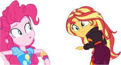 Size: 4483x2409 | Tagged: safe, edit, edited screencap, editor:mrtoonlover83, screencap, pinkie pie, sunset shimmer, human, equestria girls, equestria girls specials, g4, my little pony equestria girls: sunset's backstage pass, :o, background removed, duo, duo female, eyebrows, female, leaning forward, looking at each other, looking at someone, music festival outfit, not a vector, open mouth, raised eyebrow, rear view