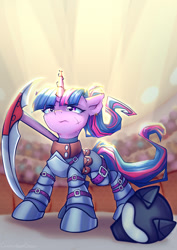 Size: 935x1323 | Tagged: safe, artist:chaosangeldesu, twilight sparkle, pony, unicorn, fanfic:broken toy, g4, arena, armor, commission, fanfic art, fantasy class, helmet, horn, solo, unicorn twilight, warrior