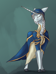 Size: 1500x2000 | Tagged: safe, artist:tenebrisnoctus, oc, oc only, pony, unicorn, abstract background, ambiguous gender, armor, braid, clothes, dress, eyes closed, horn, long horn, solo, standing, unicorn oc, white coat