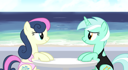 Size: 2237x1227 | Tagged: safe, artist:stephen-fisher, bon bon, lyra heartstrings, sweetie drops, earth pony, pony, unicorn, g4, beach, clothes, female, horn, lesbian, looking at each other, looking at someone, ocean, one-piece swimsuit, outdoors, ship:lyrabon, shipping, swimsuit, water