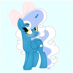 Size: 6890x6890 | Tagged: safe, artist:riofluttershy, oc, oc only, oc:fleurbelle, alicorn, pony, alicorn oc, blushing, bow, female, hair bow, horn, looking at you, mare, pink bow, smiling, smiling at you, solo, tail, two toned hair, two toned mane, two toned tail, wings, yellow eyes