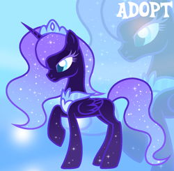 Size: 1142x1120 | Tagged: safe, artist:vi45, oc, oc only, alicorn, pony, adoptable, alicorn oc, blank flank, blue coat, blue eyes, blue mane, blue pupils, blue tail, colored eyelashes, colored pupils, concave belly, crown, ethereal mane, female, female oc, frown, gradient background, gradient hooves, gradient legs, gradient mane, gradient tail, horn, jewelry, lidded eyes, long mane, long tail, mare, mare oc, navy coat, peytral, profile, purple eyelashes, raised hoof, regalia, slender, solo, standing, standing on three hooves, starry coat, starry legs, starry mane, starry tail, tail, thin, unicorn horn, ursa pony, wavy mane, wavy tail, wings, zoom layer