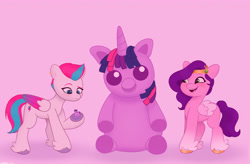 Size: 3880x2550 | Tagged: safe, artist:starburstuwu, pipp petals, twilight sparkle, zipp storm, pegasus, pony, g4, g5, duo, duo female, female, figurine, high res, hoof hold, looking at something, mare, open mouth, open smile, pink background, plushie, royal sisters (g5), siblings, simple background, sisters, smiling, underhoof