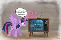 Size: 1024x673 | Tagged: safe, artist:sophiamarieb, twilight sparkle, alicorn, g4, dialogue, hammer, television, the ring, twilight sparkle (alicorn)