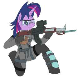 Size: 1921x1918 | Tagged: safe, artist:timejumper, twilight sparkle, unicorn, anthro, g4, alternate hairstyle, belt, bodysuit, clothes, glasses, gloves, gun, horn, punklight sparkle, rifle, tactical, unicorn twilight, weapon