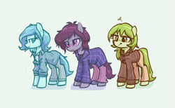 Size: 1033x638 | Tagged: safe, artist:plunger, oc, oc only, earth pony, pony, clothes, earth pony oc, female, mare, simple background, smiling, trio, unamused