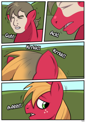 Size: 1614x2283 | Tagged: safe, artist:rex-equinox, big macintosh, earth pony, human, pony, g4, comic, commission, dialogue, eyes closed, freckles, green eyes, gritted teeth, head, human male, human to pony, looking back, male, muzzle, onomatopoeia, open mouth, pony ears, solo, stallion, story included, teeth, transformation, transformation sequence