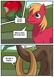 Size: 1614x2283 | Tagged: safe, artist:rex-equinox, big macintosh, earth pony, pony, g4, apple, apple tree, big macintosh's yoke, bite mark, comic, commission, dialogue, emanata, food, horse collar, human to pony, looking up, male, solo, speech bubble, stallion, story included, transformation, transformation sequence, transformed, tree, tree branch