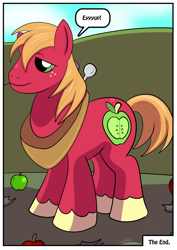 Size: 1614x2283 | Tagged: safe, artist:rex-equinox, big macintosh, earth pony, pony, g4, apple, big macintosh's yoke, clothes, comic, commission, dialogue, eeyup, food, horse collar, human to pony, lidded eyes, solo, speech bubble, story included, torn clothes, transformation, transformation sequence, transformed