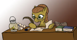 Size: 1500x790 | Tagged: safe, artist:jberg18, oc, earth pony, pony, atg 2013, book, dexterous hooves, female, mare, quill, scroll, solo