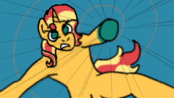 Size: 640x360 | Tagged: safe, artist:zoeyhorse, sunset shimmer, pony, unicorn, g4, blue background, colored hooves, female, frown, furrowed brow, gritted teeth, hooves, horn, looking at you, mare, no pupils, simple background, solo, teeth, underhoof