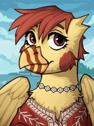 Size: 1040x1400 | Tagged: safe, artist:bunnyshrubby, oc, oc only, oc:duchess ginevra, oc:ginevra, oc:ginevra di chiazbini, griffon, equestria at war mod, beak, bust, clothes, griffon oc, jewelry, looking at you, outdoors, portrait, shirt, smiling, smiling at you, solo, updated portrait, updated portraits, updated portraits from the equestria at war mod, wings