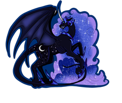 Size: 2090x1763 | Tagged: safe, artist:snowgod1237, nightmare moon, alicorn, pony, bat wings, curved horn, female, horn, leonine tail, mare, rearing, redesign, sharp teeth, simple background, solo, tail, teeth, transparent background, unshorn fetlocks, wings