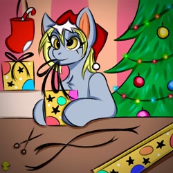 Size: 2560x2560 | Tagged: safe, artist:namelessplaza, derpy hooves, pegasus, pony, semi-anthro, g4, candy, christmas, christmas sock, christmas tree, food, hat, holiday, indoors, present, scissors, solo, tree