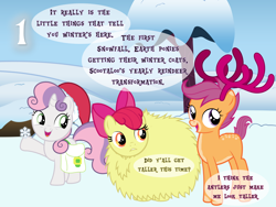 Size: 1440x1080 | Tagged: safe, artist:bronybyexception, apple bloom, scootaloo, sweetie belle, deer, earth pony, reindeer, unicorn, g4, advent calendar, antlers, christmas, cutie mark crusaders, hat, holiday, horn, santa hat, scootadeer, snow, vector, vector used, winter coat