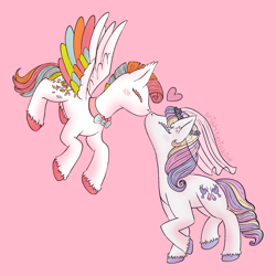 Size: 2048x2048 | Tagged: safe, artist:brightpinkink, confetti (g1), dainty dove (g2), earth pony, pegasus, pony, g1, g2, boop, bowtie, bride, duo, duo female, eyes closed, female, floating heart, flying, generational ponidox, heart, lesbian, mare, noseboop, pink background, raised hoof, ship:paper birds, signature, simple background, spread wings, tail, unshorn fetlocks, veil, wedding veil, wings