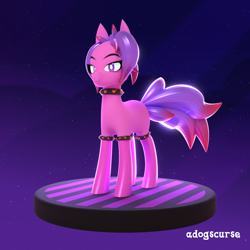 Size: 1024x1024 | Tagged: safe, artist:adogscurse, oc, oc only, oc:rotation gizmo, earth pony, pony, 3d, 3d model, animated, blender, blender cycles, choker, clothes, female, looking at you, purple eyes, purple mane, smiling, socks, solo, spiked choker, stockings, tail, thigh highs