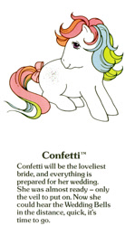 Size: 550x1000 | Tagged: safe, confetti (g1), earth pony, pony, g1, my little pony fact file, official, bow, female, g1 backstory, mare, solo, tail, tail bow, text