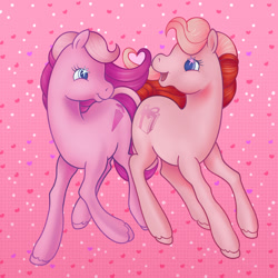 Size: 2000x2000 | Tagged: safe, artist:lezzlesdrawsponies, cupcake (g2), honey (g2), earth pony, pony, g2, duo, duo female, female, heart, heart background, holiday, lesbian, looking at each other, looking at someone, mare, open mouth, open smile, shipping, smiling, starry eyes, unshorn fetlocks, valentine's day, wingding eyes