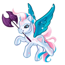 Size: 450x450 | Tagged: safe, artist:lezzlesdrawsponies, star catcher, pegasus, pony, g3, axe, battle axe, female, flying, mare, mouth hold, simple background, solo, spread wings, tail, transparent background, weapon, wings