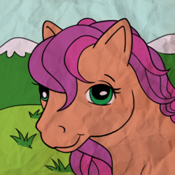 Size: 500x500 | Tagged: safe, artist:lezzlesdrawsponies, sunny starscout, earth pony, pony, g1, g5, female, g5 to g1, generation leap, grass, looking at you, mare, outdoors, smiling, solo