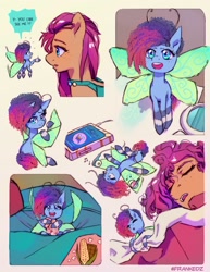 Size: 1840x2383 | Tagged: safe, artist:frank3dz, misty brightdawn, sunny starscout, breezie, earth pony, pony, g5, antennae, bed, bed mane, belly, breeziefied, butterfly wings, cellphone, chocolate, coat markings, colored, concave belly, corn, cute, duo, duo female, earbuds, english, eyebrows, eyelashes, female, food, lacrimal caruncle, listening to music, looking up, lying down, mare, messy mane, messy mane sunny starscout, mistybetes, on back, open mouth, phone, pipp petals' cutie mark, rebirth misty, sitting, size difference, sleeping, smartphone, socks (coat markings), species swap, sunny's bag, talking, teeth, wings