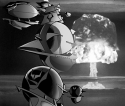 Size: 1077x914 | Tagged: safe, 1000 hours in ms paint, airship, black and white, comic, grayscale, human world, monochrome, mushroom cloud, no pony, nuclear explosion, sepia, storm king's ship