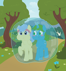 Size: 2800x3000 | Tagged: safe, artist:whowantsapizza, oc, oc only, oc:balance blade, oc:dew splash, pegasus, unicorn, g4, blushing, bubble, casual, detailed background, distracted, horn, in bubble, outdoors, park, puffy cheeks, show accurate, submerged, underwater, walking, water