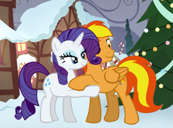 Size: 1397x1032 | Tagged: safe, artist:star-armour95, rarity, oc, oc:firey ratchet, pegasus, pony, unicorn, g4, christmas, christmas tree, female, hearth's warming, holiday, horn, male, mare, outdoors, snow, stallion, tree, winter