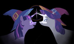 Size: 2000x1200 | Tagged: safe, artist:universalheart, rarity, twilight sparkle, pony, unicorn, g4, black background, duo, female, hat, horn, horns are touching, lesbian, looking at each other, looking at someone, ship:rarilight, shipping, simple background, unicorn twilight, witch hat