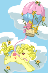 Size: 474x724 | Tagged: safe, artist:universalheart, baby shady, lofty, earth pony, pegasus, pony, g1, digital art, duo, flower, hot air balloon, pixel art, redraw, sunflower