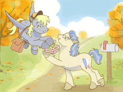 Size: 2048x1536 | Tagged: safe, artist:universalheart, derpy hooves, oc, oc:merriweather, earth pony, pony, g4, birthday, earth pony oc, package