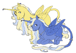 Size: 1231x860 | Tagged: safe, artist:universalheart, oc, oc only, oc:princess cosmia, oc:princess hypatia, alicorn, pony, alicorn oc, cloven hooves, duo, horn, leonine tail, simple background, tail, transparent background, unshorn fetlocks, wings