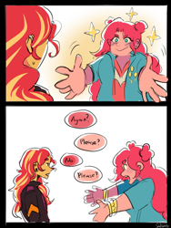 Size: 900x1200 | Tagged: safe, artist:sadscruffy, pinkie pie, sunset shimmer, human, equestria girls, g4, comic, dialogue, duo, duo female, female, outstretched arms, speech bubble