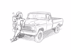 Size: 3500x2500 | Tagged: safe, artist:captainhoers, oc, oc only, earth pony, anthro, 70s, boots, cowboy boots, cowboy hat, ford, ford f-150, grayscale, hat, leaning, looking at you, monochrome, one eye closed, shoes, simple background, solo, truck, white background, wink, winking at you