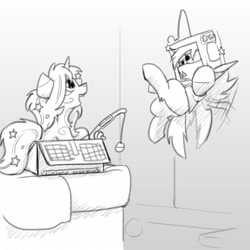 Size: 3000x3000 | Tagged: safe, artist:captainhoers, oc, oc only, oc:concorde, oc:rivibaes, pegasus, pony, unicorn, box, cardboard box, duo, fishing rod, foal, grayscale, horn, indoors, monochrome, offspring, open mouth, open smile, parent:soarin', parent:spitfire, parents:soarinfire, smiling, tooth gap