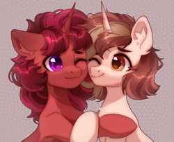 Size: 3045x2500 | Tagged: safe, artist:radioaxi, oc, oc only, pony, unicorn, abstract background, bust, duo, high res, horn, hug, one eye closed, smiling