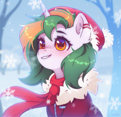 Size: 2587x2500 | Tagged: safe, artist:blooming-heather, artist:radioaxi, oc, oc only, pony, unicorn, blushing, bust, clothes, grin, hat, high res, horn, jacket, looking up, outdoors, scarf, sitting, smiling, snow, solo, winter outfit