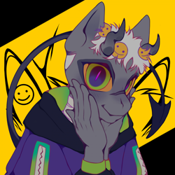 Size: 1920x1920 | Tagged: safe, artist:akilashitu, oc, oc only, demon, demon pony, anthro, clothes, hoodie, looking at you, smiley face, smiling, solo, squatting