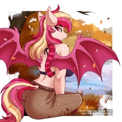 Size: 1500x1500 | Tagged: safe, artist:stainedglasslighthea, oc, oc only, oc:ruby sanguine, bat pony, anthro, autumn, bat pony oc, bra, clothes, denim, female, jeans, lake, looking back, pants, pinup, sitting, solo, spread wings, underwear, water, wings