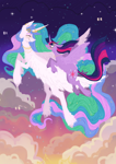 Size: 1614x2283 | Tagged: safe, artist:birchmarsh, princess celestia, twilight sparkle, alicorn, pony, cloud, duo, eyes closed, female, fluffy, flying, jewelry, mare, outdoors, sky, smiling, starry eyes, sunset, twilight sparkle (alicorn), unshorn fetlocks, wingding eyes