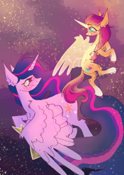 Size: 1614x2283 | Tagged: safe, artist:birchmarsh, sunny starscout, twilight sparkle, alicorn, pony, g5, duo, female, flying, looking at each other, looking at someone, mare, meme, older, older twilight, older twilight sparkle (alicorn), princess twilight 2.0, race swap, sky, smiling, subverted meme, sunny and her heroine, sunnycorn, that magic is yours to give, twilight sparkle (alicorn), unshorn fetlocks