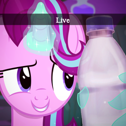 Size: 2048x2046 | Tagged: safe, artist:dashiesparkle, artist:trrrebleee, derpibooru exclusive, edit, vector edit, starlight glimmer, pony, unicorn, g4, bedroom, bottle, caption, franzj, glowing, glowing horn, horn, meme, ponified meme, snapchat, starlight's bedroom, text, vector, water bottle