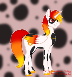 Size: 1033x1111 | Tagged: safe, artist:azira faerinx, oc, oc only, alicorn, g4, colored, colored hooves, colored wings, fire, gift art, gradient mane, gradient tail, gradient wings, hoof fluff, hooves, jewelry, male, multicolored hair, multicolored mane, multicolored wings, necklace, smiling, solo, spikey mane, spots, stallion, standing, tail, white coat, wings, yellow hooves