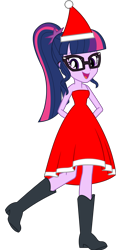 Size: 1656x3564 | Tagged: safe, artist:cartoonmasterv3, sci-twi, twilight sparkle, human, equestria girls, g4, arm behind back, bare shoulders, boots, christmas, clothes, costume, dress, female, hat, holiday, open mouth, santa claus, santa costume, santa hat, shoes, simple background, slender, solo, standing, standing on one leg, thin, transparent background