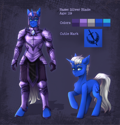 Size: 1980x2050 | Tagged: safe, artist:serodart, oc, oc only, oc:silver blades, pony, unicorn, anthro, armor, blue, blue eyes, horn, male, reference sheet, solo, white mane