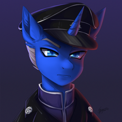 Size: 1300x1300 | Tagged: safe, artist:serodart, oc, oc only, oc:silver blades, pony, unicorn, equestria at war mod, black coat, blue eyes, clothes, coat, horn, looking at camera, male, military, military pony, military uniform, solo, uniform, uniform hat, white mane